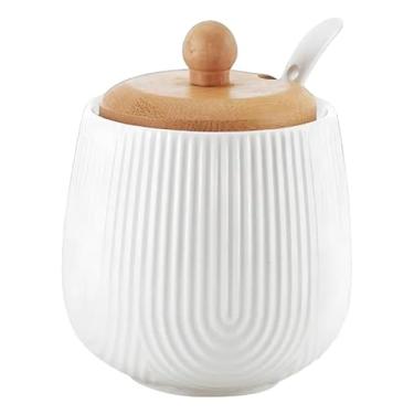 Imagem de Açucareiro Pote Porta Açúcar Porcelana C/Colher Tampa Bambu Açucareiro Mesa Posta