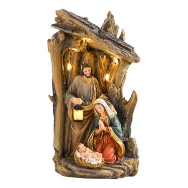Imagem de MUMTOP Estatueta de presépio com manjedoura, estatueta de presépio de família sagrada de resina com luzes LED, presépio de Natal para mesa, férias, casa, capela, Natal, decoração interna
