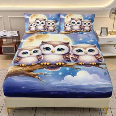 Imagem de AILONEN Jogo de lençol solteiro infantil de coruja fofa tamanho GG azul - desenho de pássaros e corujas com 2 fronhas - Jogo de cama macio com 3 peças de lençol com elástico e estrela da lua