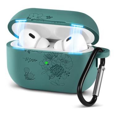 Imagem de Boaretiu Capa para Airpod Pro, capa para Airpod Pro 2 - Capa Kawaii elegante gravada em silicone 3D com mosquetão chaveiro para mulheres meninas design verde para Airpods Pro 2ª/1ª geração, planta de