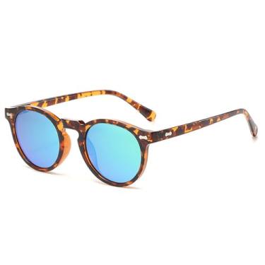 Imagem de Óculos de Sol Redondos Femininos com Rebites, Proteção UV400, Estilo Punk, Ideais para Esportes ao Ar Livre, Corrida e Ciclismo, Estampa de Leopardo Verde Espelhado