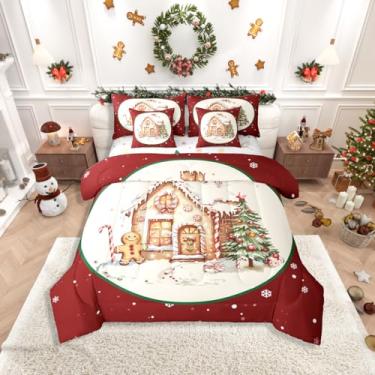 Imagem de Erosebridal Conjunto de cama solteiro de 7 peças para crianças, conjunto de edredom de árvore de Natal com lençóis, casa de pão de gengibre, bengala doce em uma bolsa, conjunto de cama de inverno com