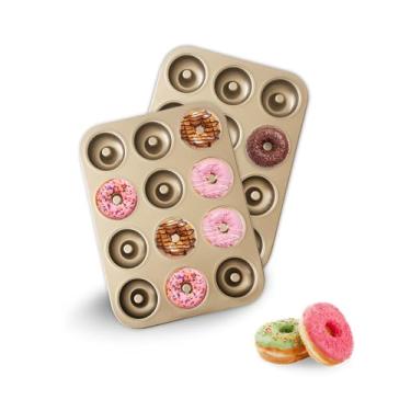Imagem de JSJMOFA 2 formas de donut para assar, forma de donut antiaderente com 12 cavidades, bandejas de rosquinhas de aço carbono para mini bagels e bolo, forno de donut (ouro)