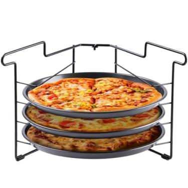 Imagem de Conjunto antiaderente para assar pizza de 29 cm, bandeja de pizza com 3 bandejas e para frutos do mar, pão, frango, grelha redonda para tortas, conjunto com rack para servir forno dobrável, formas de