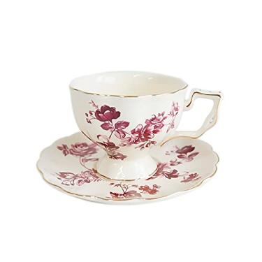 Imagem de Conjunto de xícara de chá conjuntos de chá para mulheres conjuntos de chá para adultos osso de cerâmica China xícara de chá porcelana xícaras de café e pires conjunto com aro dourado xícara de chá