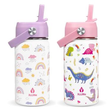 Imagem de XccMe Garrafa de água infantil com tampa de palha, garrafa de viagem de aço inoxidável 400 ml, copo infantil à prova de vazamento de parede dupla, copo isolado para crianças, garrafa de metal para