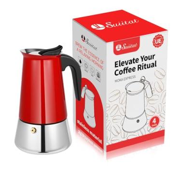 Imagem de Suiitat Moka Pot, 4 xícaras (201 g) Máquina de Café Expresso de Fogão, Panela Moka de Aço Inoxidável 304, Compatível com Indução, Vermelho