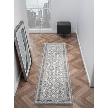 Imagem de RUGGERRUGS Tapete de área floral tradicional âmbar para cozinha, corredor cinza vintage de inspiração persa, tapete médio resistente a manchas para quarto, corredor ou entrada (6 x 18 cm, cinza)