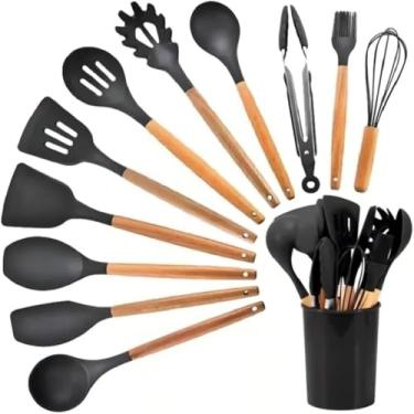 Imagem de Kit de Utensílios de Cozinha 12 Peças Premium Antiaderente Silicone e Madeira Preto Resistente a Alta Temperatura Livre de BPA com Suporte Inclui Espátulas Colheres Pegadores e Batedor