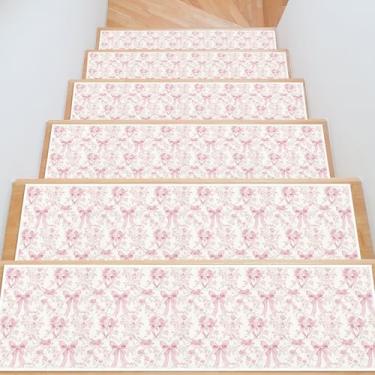 Imagem de InIsaJace Tapete antiderrapante para escadas, pacote com 15 tapetes florais rosa para degraus de madeira internos, tapetes laváveis para crianças idosas e cães (19 x 75 cm)