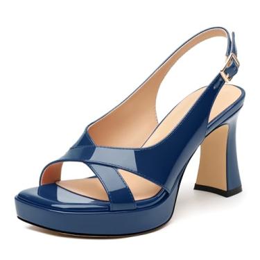 Imagem de GOFOURTHAT Salto plataforma para mulheres, salto grosso, 8,2 cm, bico aberto, com tira no tornozelo, vestido de festa de casamento, sapatos confortáveis, Patente azul marinho, 39