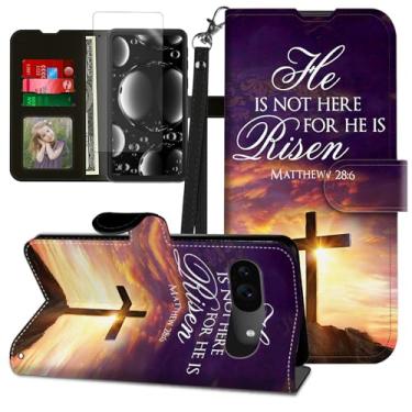 Imagem de BREIDMKFM Capa para Google Pixel 10 Pro, capa para Google Pixel 10 com protetor de tela e suporte, suporte para cartão e alça de pulso flip carteira de couro magnético, cruz da Bíblia de Jesus