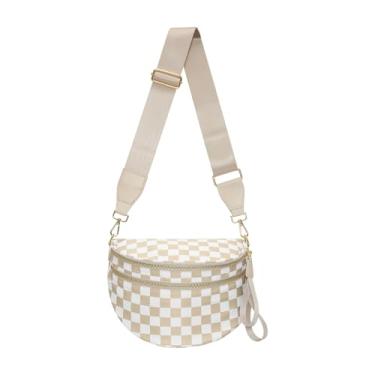 Imagem de Bolsas de bumbum para mulheres, bolsa transversal quadriculada grande de nylon para mulheres, bolsa quadriculada, pochete com cinto, Xadrez bege, Bolsa transversal quadriculada