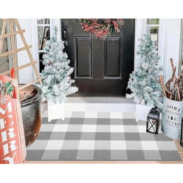 Imagem de Tapetes de porta ao ar livre 61 x 89 cm Buffalo Plaid Tapete de varanda frontal tecido de algodão lavável outono tapete de área pequena para porta de boas-vindas tapete de entrada sala de jantar
