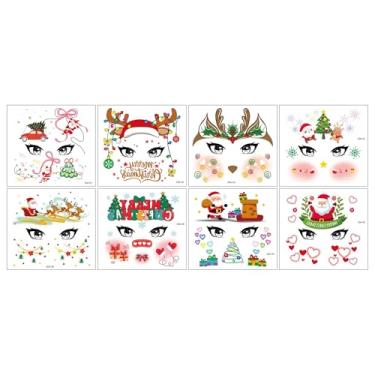 Imagem de 8 peças de tatuagens de rosto e olhos temporários adesivos de sombra à prova d'água árvore de Natal veado delineador tatuagens festa festival natal suprimentos femininos