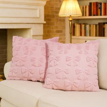 Imagem de QIONG MENG Capas de almofada de laço rosa 45,7 x 45,7 cm, conjunto de 2 fronhas decorativas com laço, fofa, macia, rosa, para casa, fazenda, sala de estar, quarto, decoração
