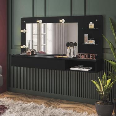 Imagem de Penteadeira Camarim Suspensa Lumiere Com Espelho E 1 Gaveta Preto Fosco