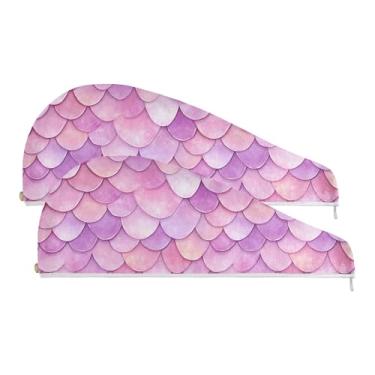 Imagem de SEHANY Toalha de cabelo de microfibra roxa pálida escamas de sereia para mulheres, 2 peças, turbantes de cabelo de secagem rápida com botão, touca de cabelo seco absorvente toalha de secagem de cabelo
