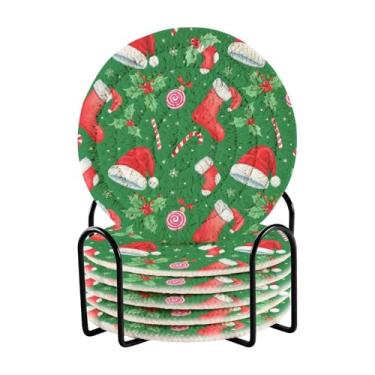 Imagem de Blueangle Porta-copos de Natal com 6 peças de chapéus de Papai Noel - Tecido redondo super absorvente para proteção de mesa e decoração de casa (505)
