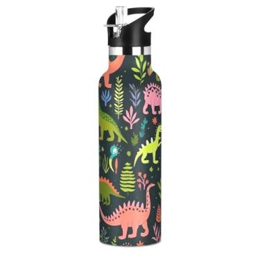Imagem de Blueangle Garrafa de água de 597 g com canudo - Garrafa de água esportiva de aço inoxidável sem BPA, design de dinossauros coloridos à prova de vazamento para academia, atividades ao ar livre