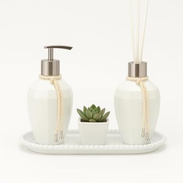 Imagem de Kit Lavabo Banheiro Luxo Decoração Casa Frascos de Vidro Com Bandeja Aromatizante De Ambiente Branco (Branco)