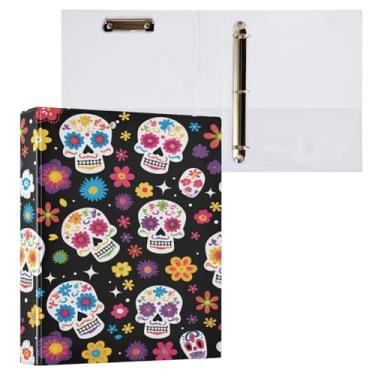Imagem de ATTX Fichário de 3 anéis com flor de caveira de açúcar 3 cm para papel tamanho carta, 21,6 cm x 28 cm, fichários de três anéis com prancheta para material de escritório #750