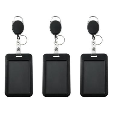 Imagem de BLLNDX 3 conjuntos de porta-cartões deslizantes de plástico rígido 11 x 6,9 cm preto protetor de cartão de identificação vertical com cordão retrátil e clipe de segurança para crachás de funcionários