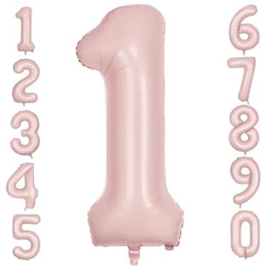 Imagem de 1 balão rosa de 101 cm, rosa claro número 1, rosa fosco, balões grandes com número 0-9, aniversário de casamento, aniversário, decoração de festa de bebê