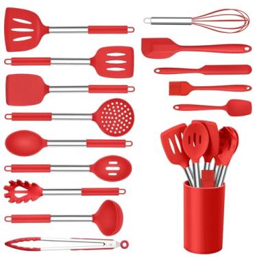 Imagem de Onader Conjunto de 15 utensílios de cozinha de silicone, conjunto de espátula vermelha com suporte, utensílios de cozinha grandes para panelas antiaderentes
