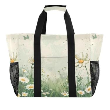Imagem de Wassud Sacolas de compras reutilizáveis vintage primavera margaridas grande bolsa impermeável organizador de lona para praia, piquenique, lavanderia, viagem