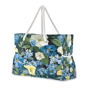 Imagem de Wassud Bolsa de praia com flor azul (2) bolsas de praia grandes para mulheres, impermeável, à prova de areia, bolsa de viagem com zíper e bolso para piscina, academia, acampamento