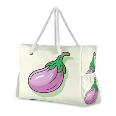 Imagem de Wassud Bolsa de praia berinjela grande bolsa de praia para mulheres, impermeável, à prova de areia, bolsa de viagem com zíper e bolso para piscina, academia, acampamento