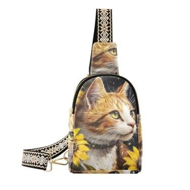Imagem de CEBUGI Bolsa tiracolo feminina de couro com girassóis de gato, bolsa de peito para caminhadas, viagens ao ar livre