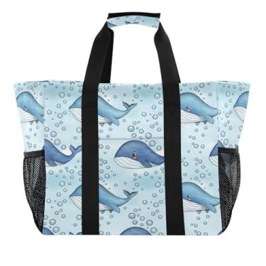 Imagem de Wassud Baleias azuis para nadar sacolas de supermercado reutilizáveis grande bolsa organizadora de lona impermeável para praia, piquenique, lavanderia, viagem