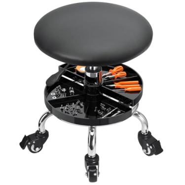 Imagem de JOSTZHXIN Cadeira de garagem para mecânico, cadeira de loja com rodinhas e altura ajustável, bancos baixos com bandeja de armazenamento, banco com rodinhas para tatuagem de spa de salão (estilo 3)