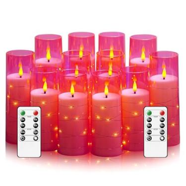 Imagem de Sasigeiaa Velas sem chama com corda de estrela embutida – Velas de LED operadas por bateria, com controle remoto, 12 velas cintilantes rosa para Natal, casamentos, decoração de casa e festa, (D 2,3" ×