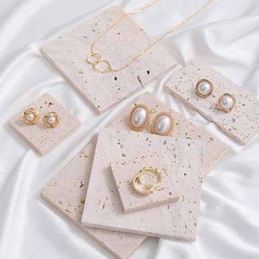 Imagem de Artisanal Abode Telhas de exibição de pedra travertino natural, adereços decorativos de fotografia para joias, cosméticos, decoração de casa, blocos de pedra bege (10 cm x 10 cm)