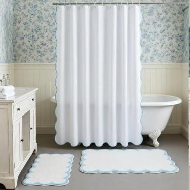 Imagem de Lounsweer Conjunto de 3 peças de cortina de chuveiro de banheiro recortado branco azul com tapete de banho recortado impermeável cortina de chuveiro neutra para banheiro casa de fazenda hotel