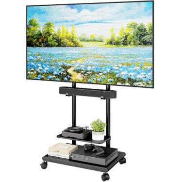 Imagem de ECOTINY Suporte de TV com base de aço com suporte de barra de som para TVs de 94.0-75 polegadas até 69.9 kg, suporte móvel giratório e inclinado com grande armazenamento, carrinho de TV resistente