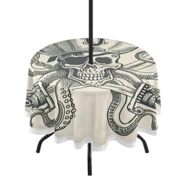 Imagem de Qilmy Toalha de mesa pirata redonda impermeável de 152 cm com orifício para guarda-chuva e zíper – uso externo / interno resistente para pátio, churrascos, piqueniques, festas (serve para mesas