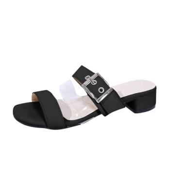 Imagem de Sandálias femininas de salto baixo com boca de peixe de praia casual verão moda sem cadarço para uso externo interno confortável, Preto, 34