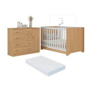 Imagem de Berço Americano 3 em 1 com Colchão Incluso e Cômoda 1 Porta 4 Gavetas Encanto Multimóveis MP4695