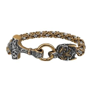 Imagem de OIDEA Pulseira masculina Viking Thor's Hammer: Pulseira de corrente de elos Mjolnir de cabeça de lobo de aço inoxidável para homens joia de amuleto presente para ele pai pai marido amigo, one size