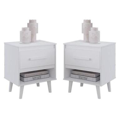 Imagem de Kit 2 Mesas De Cabeceiras 1 Gaveta E Nicho Lima Branco - MOBLIS MÓVEIS