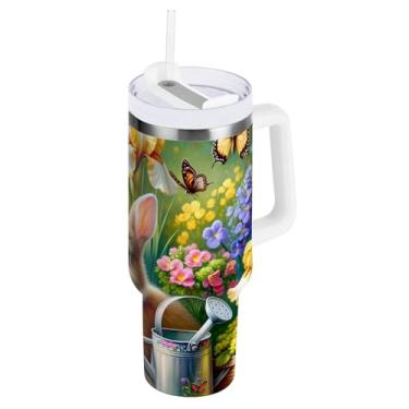 Imagem de Copos isolados de aço inoxidável de 850 g com tampa e canudo, copos isolados para viagem Spring Bunnies Garden