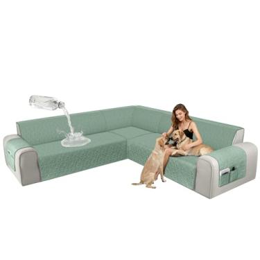 Imagem de ALIECOM Capas de sofá seccionais de canto, à prova d'água, laváveis, em forma de L, capa de sofá, geométrica, jacquard, capa para móveis com alça ajustável para cães de estimação (2GG, verde sálvia)