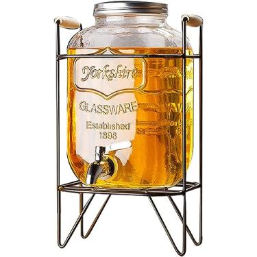 Imagem de Dispenser de Bebidas Espumantes com Torneira Jarra Vidro para Frias Recipiente Chá Infusão Limão e Suco Aço Inoxidável Suporte Ferro Transparente sem Chumbo Tampa Detachável Festas Aniversários Churra