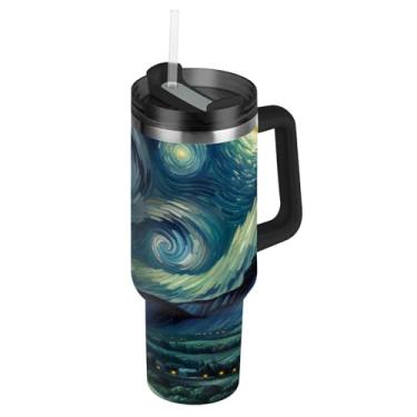 Imagem de Joisal Copos com tampas e canudos Noite estrelada UFO Vincent Tumbler com alça 850 g garrafa de água grande isolada aço inoxidável carros xícara de café bebida quente