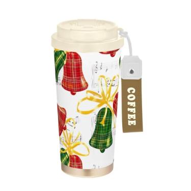 Imagem de TSENQUE Copo de café de viagem 473 ml com tampa de canudo e filp, copo de café de viagem de aço inoxidável à prova de vazamento para escritório, escola, festa, acampamento, Natal, vermelho, verde