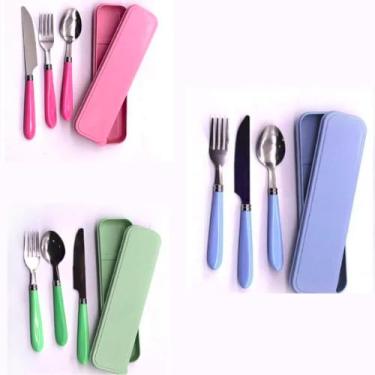 Imagem de Jogo de Talheres Portátil 3 Peças com Estojo, Garfo Faca Colher em Inox, 20cm, Kit Completo para Marmita e Viagem, Cor Aleatória